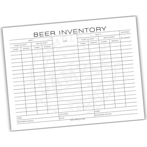 Beer inventory sheet with columns for shifts, time, and quantities on a white background.