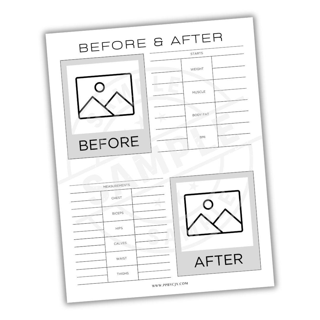Sheet with 'Before & After' comparison for measurements on a white background