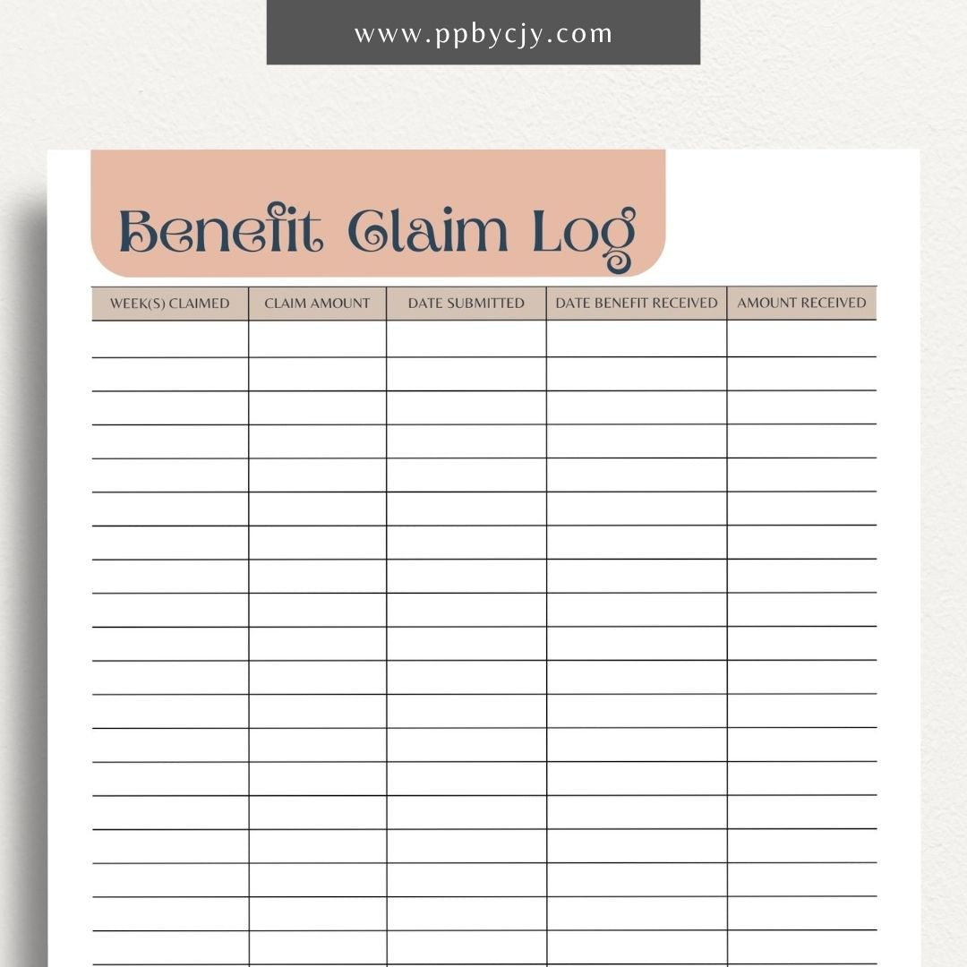 Unemployment Claim Log Printable Template – Digital download for recording and tracking details of unemployment claims, including claim dates, statuses, and correspondence