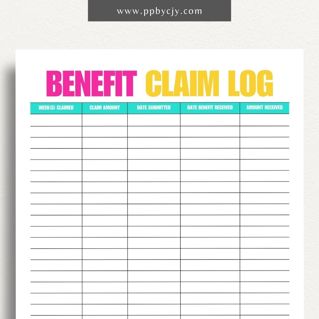 Unemployment Claim Log Printable Template – Digital download for recording and tracking details of unemployment claims, including claim dates, statuses, and correspondence