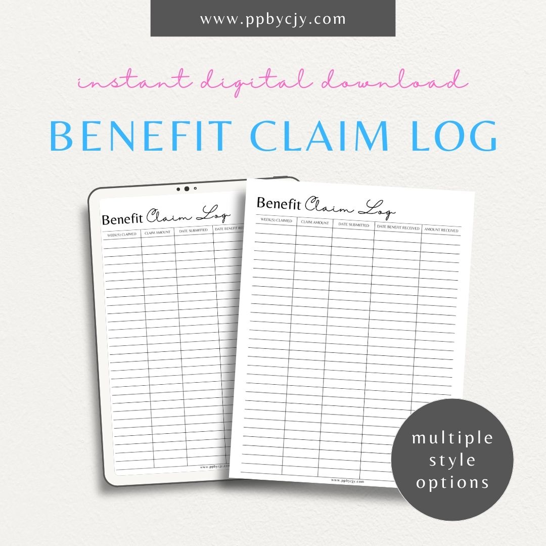 Unemployment Claim Log Printable Template – Digital download for recording and tracking details of unemployment claims, including claim dates, statuses, and correspondence