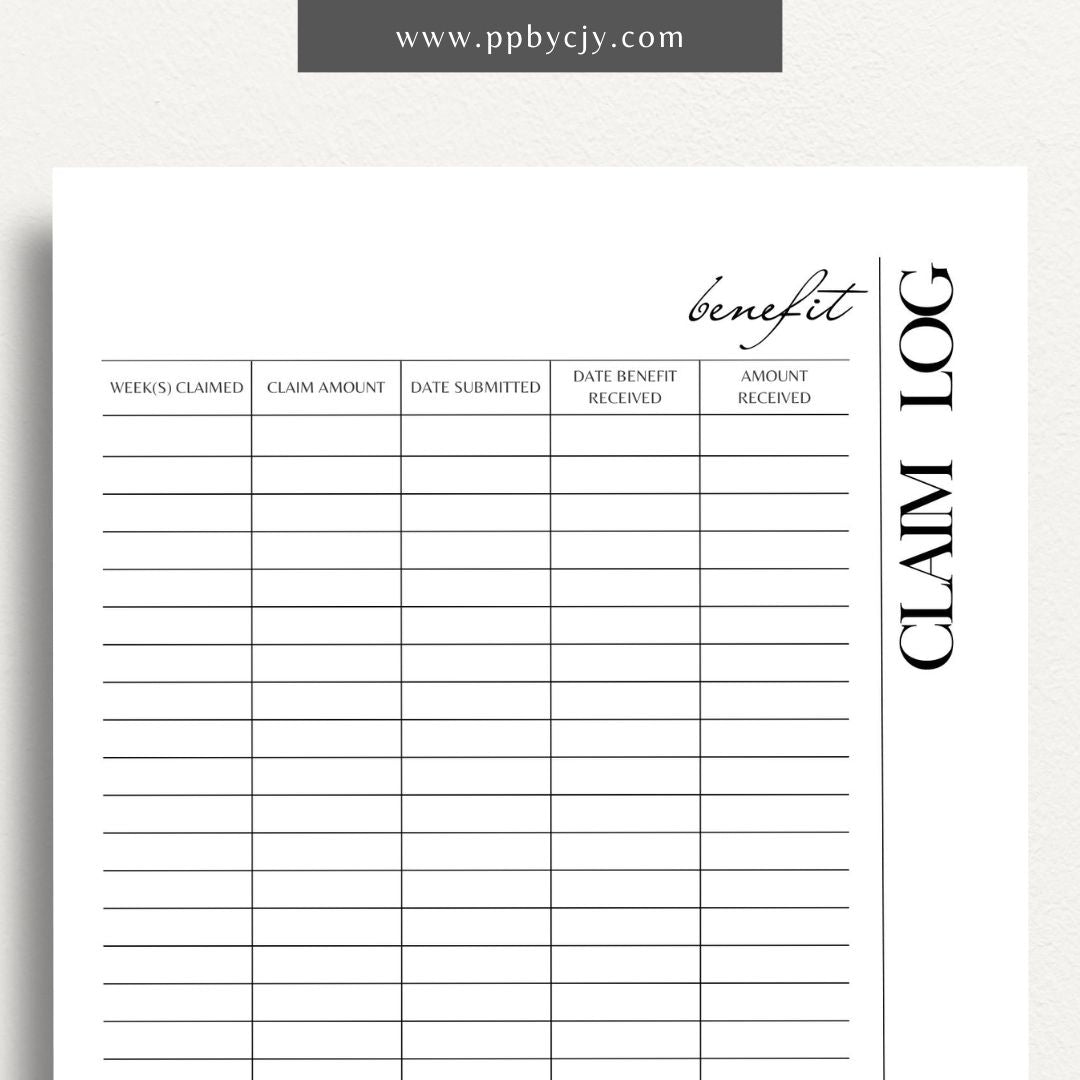 Unemployment Claim Log Printable Template – Digital download for recording and tracking details of unemployment claims, including claim dates, statuses, and correspondence