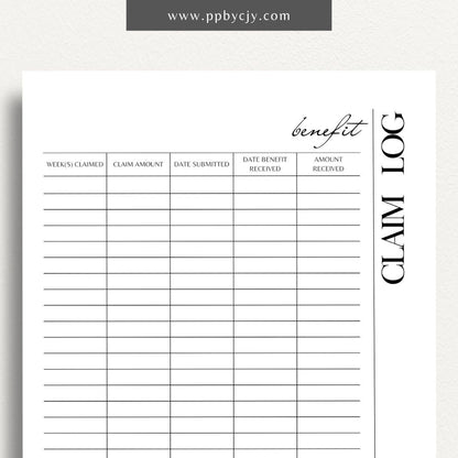 Unemployment Claim Log Printable Template – Digital download for recording and tracking details of unemployment claims, including claim dates, statuses, and correspondence