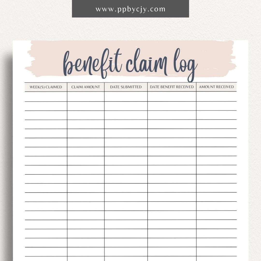 Unemployment Claim Log Printable Template – Digital download for recording and tracking details of unemployment claims, including claim dates, statuses, and correspondence