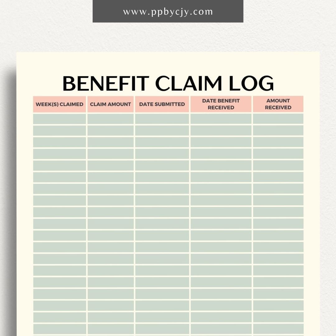 Unemployment Claim Log Printable Template – Digital download for recording and tracking details of unemployment claims, including claim dates, statuses, and correspondence