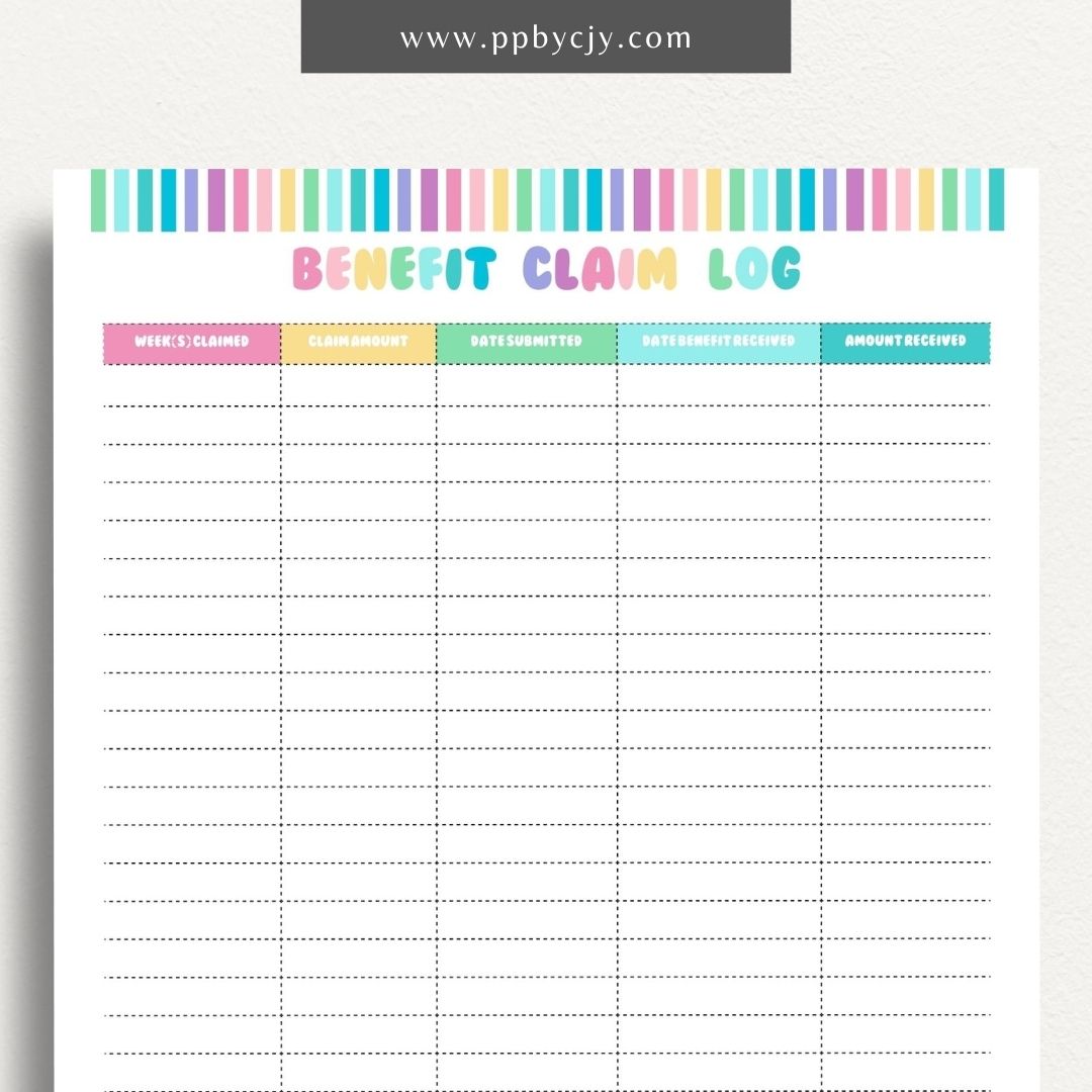 Unemployment Claim Log Printable Template – Digital download for recording and tracking details of unemployment claims, including claim dates, statuses, and correspondence