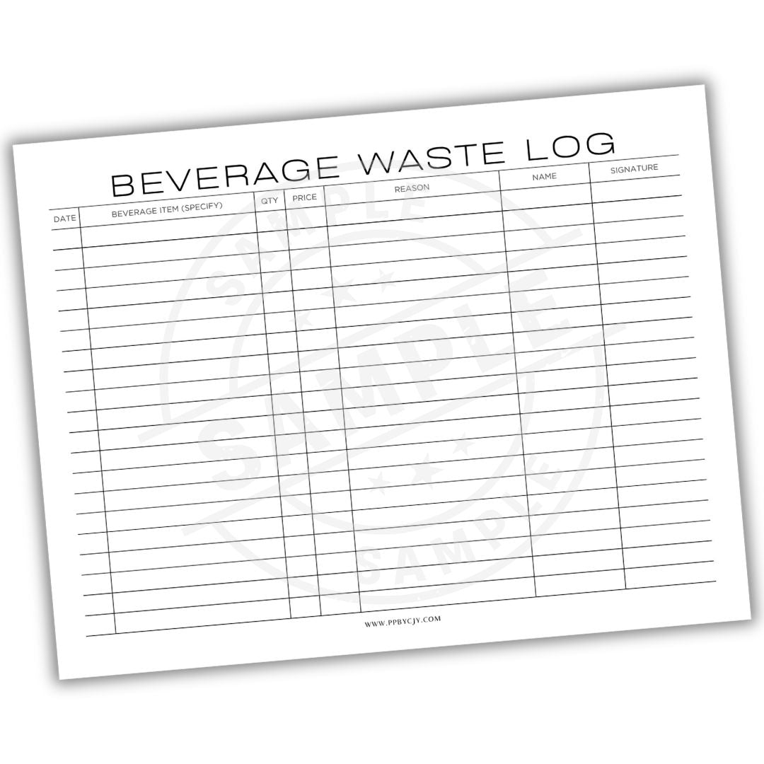 Beverage waste log sheet with columns for date, beverage item, quantity, reason, and signature.