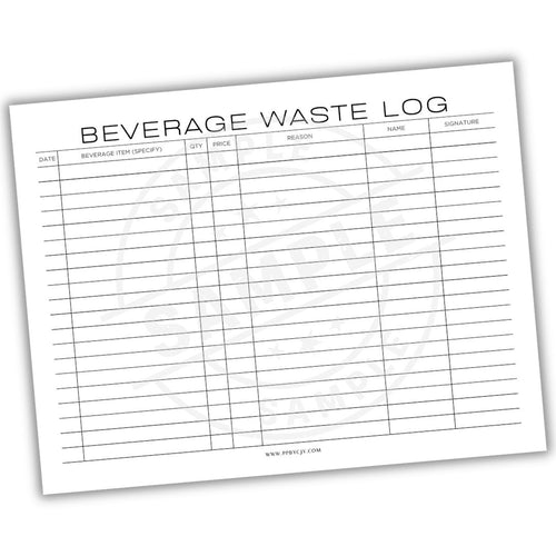 Beverage waste log sheet with columns for date, beverage item, quantity, reason, and signature.