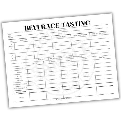 Beverage tasting sheet with a white background