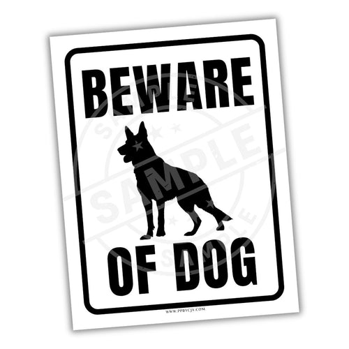 Beware of Dog sign with a silhouette of a dog on a white background