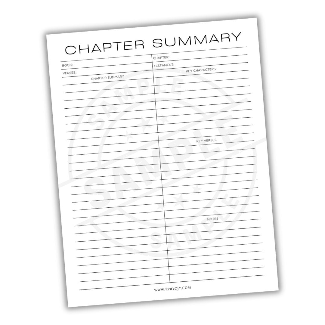 Chapter summary sheet with columns for book name, chapter number, chapter summary, key characters, key verses, and notes on a white background.