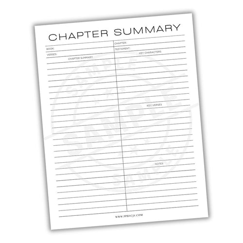 Chapter summary sheet with columns for book name, chapter number, chapter summary, key characters, key verses, and notes on a white background.
