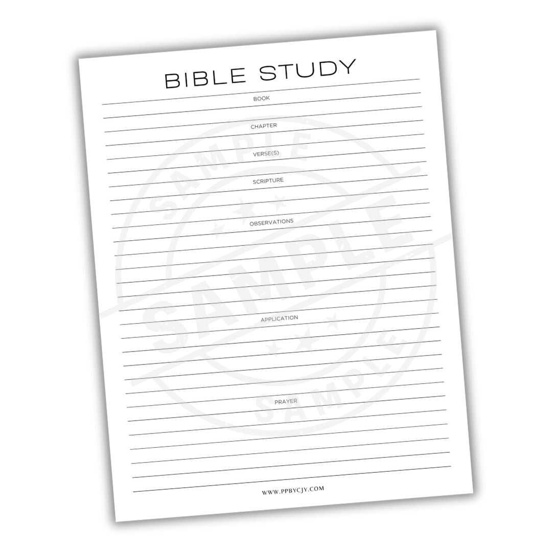 Bible study sheet with columns for chapter, scripture, observations, and application on a white background.