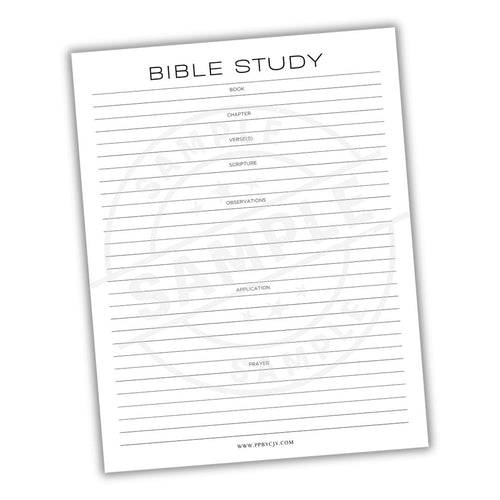 Bible study sheet with columns for chapter, scripture, observations, and application on a white background.