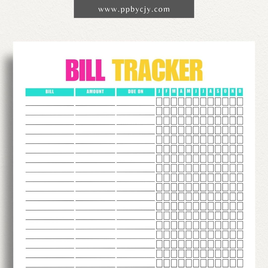 Bill Tracker Printable Template – Digital Download for Organizing and Managing Monthly Bills