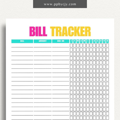 Bill Tracker Printable Template – Digital Download for Organizing and Managing Monthly Bills