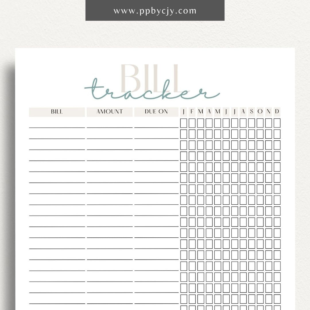 Bill Tracker Printable Template – Digital Download for Organizing and Managing Monthly Bills