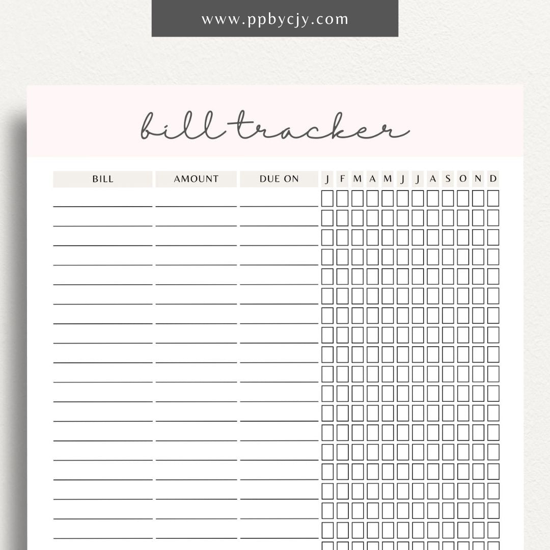 Bill Tracker Printable Template – Digital Download for Organizing and Managing Monthly Bills