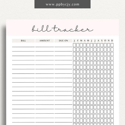 Bill Tracker Printable Template – Digital Download for Organizing and Managing Monthly Bills