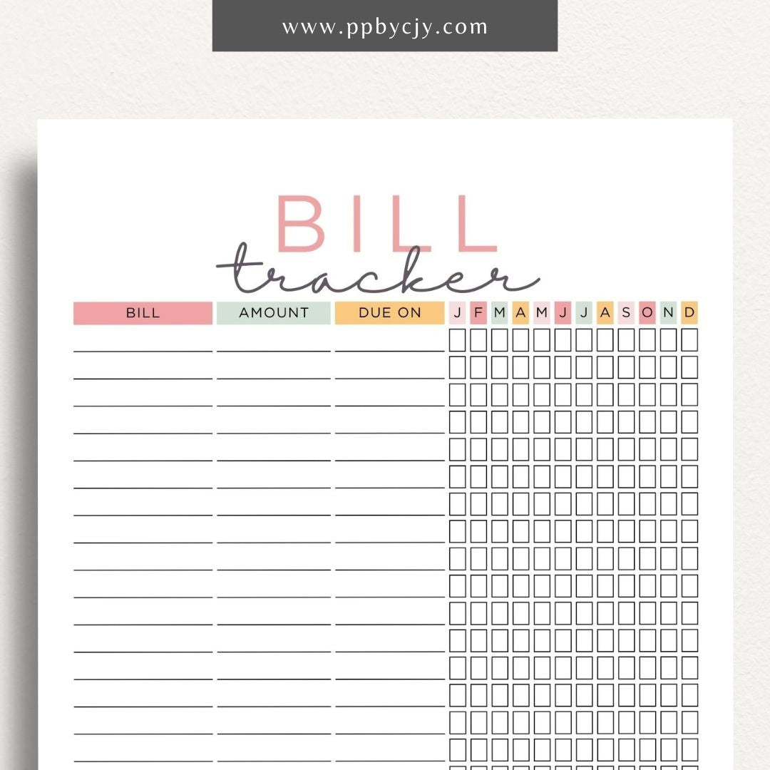 Bill Tracker Printable Template – Digital Download for Organizing and Managing Monthly Bills