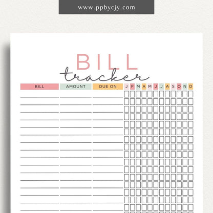 Bill Tracker Printable Template – Digital Download for Organizing and Managing Monthly Bills