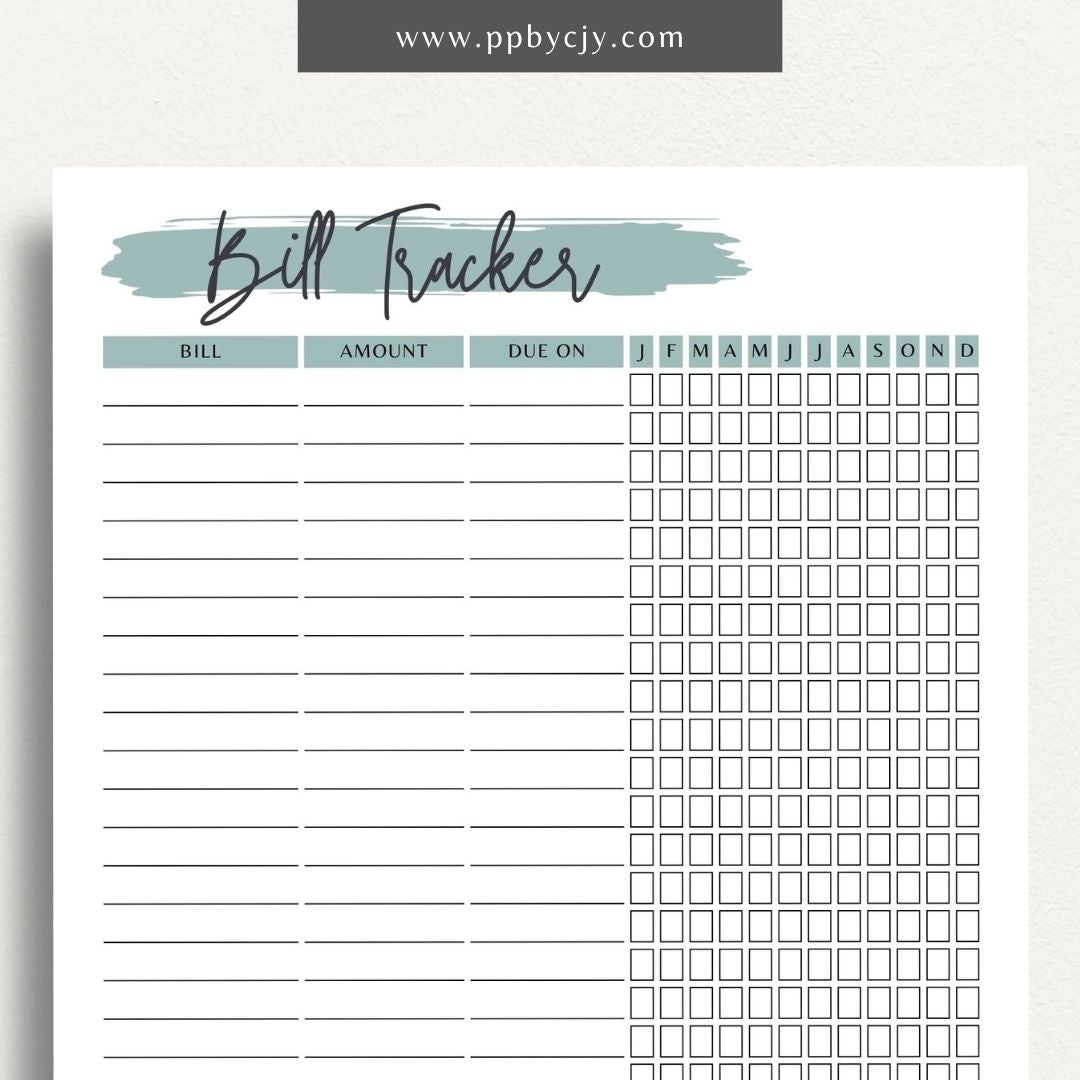 Bill Tracker Printable Template – Digital Download for Organizing and Managing Monthly Bills