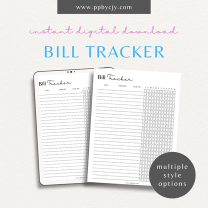 Bill Tracker Printable Template – Digital Download for Organizing and Managing Monthly Bills