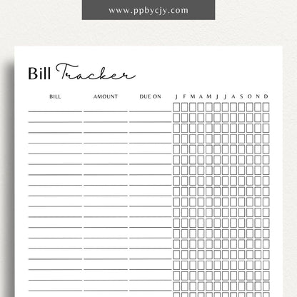 Bill Tracker Printable Template – Digital Download for Organizing and Managing Monthly Bills