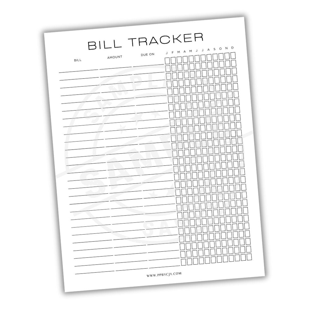 Bill tracker sheet with columns for bill name, amount, and due date on a white background.
