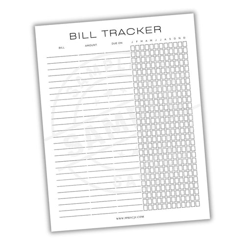 Bill tracker sheet with columns for bill name, amount, and due date on a white background.