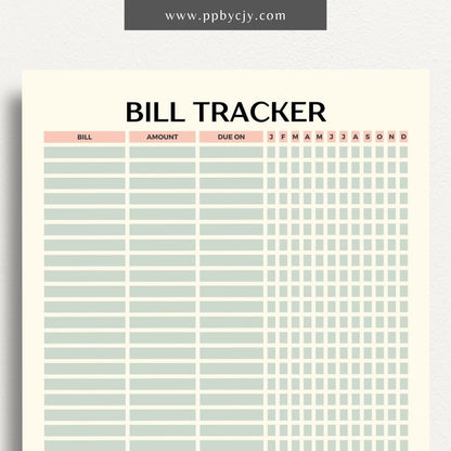 Bill Tracker Printable Template – Digital Download for Organizing and Managing Monthly Bills