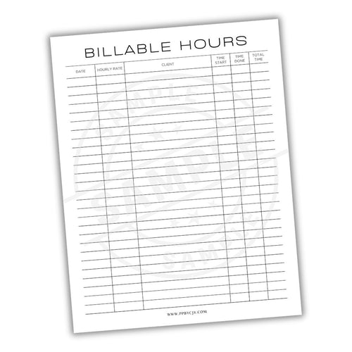 Billable hours tracking sheet with columns for date, hourly rate, client, time start, time done, and total time.