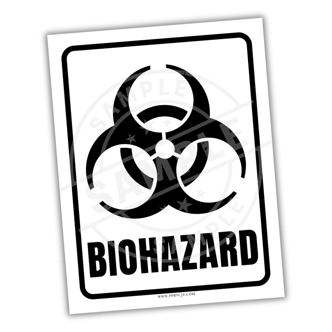Biohazard warning sign with black symbol and text on a white background