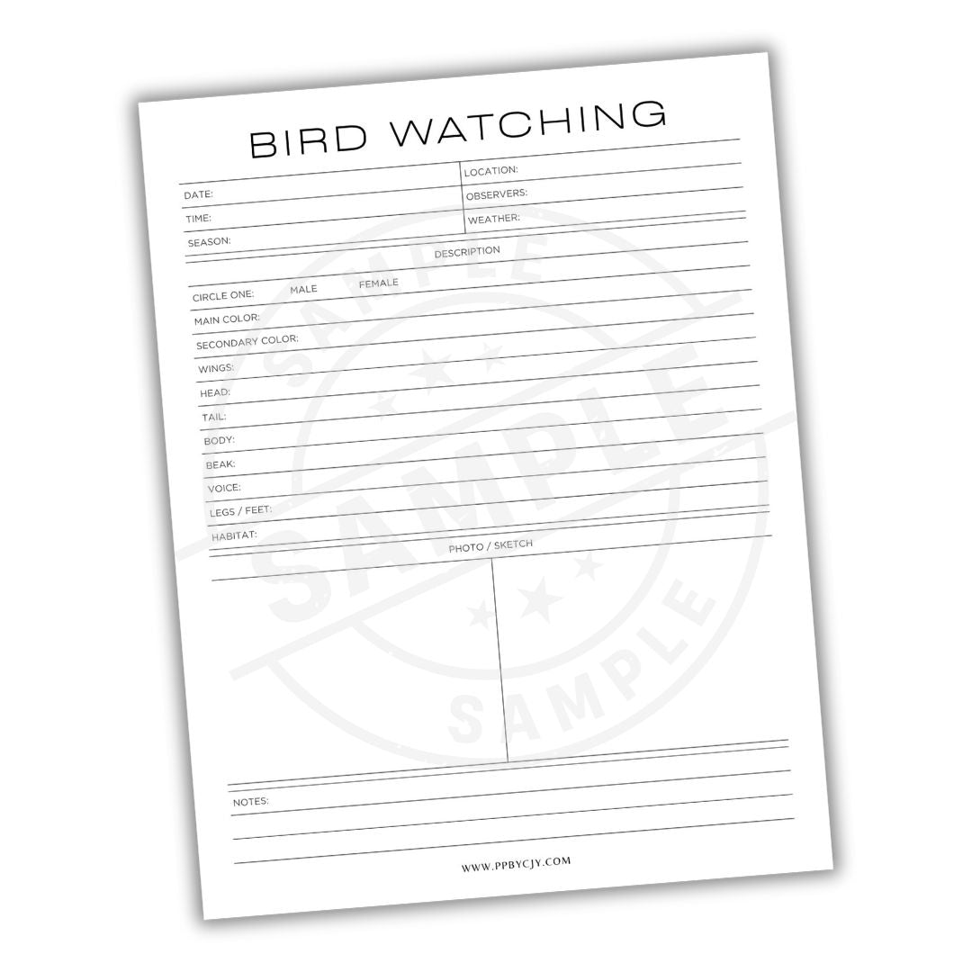 Bird watching checklist sheet with a white background
