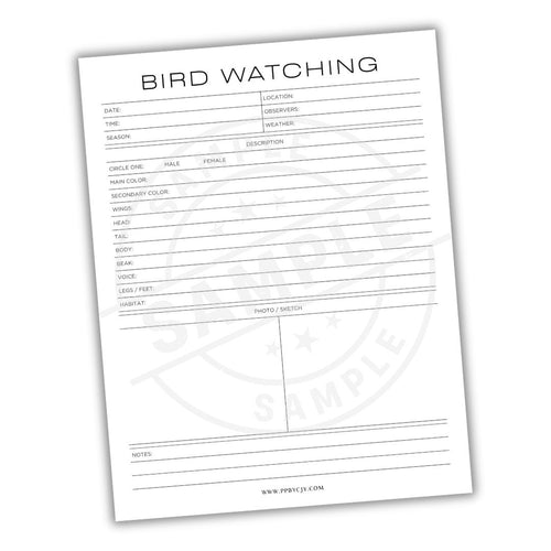 Bird watching checklist sheet with a white background