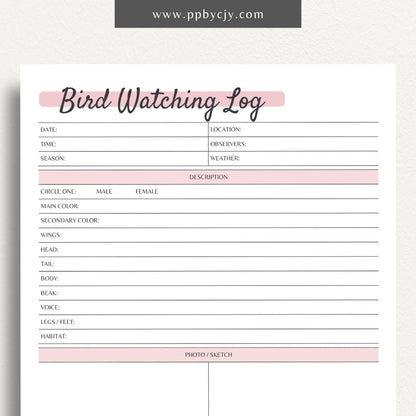 Bird Watching Log Printable PDF Template