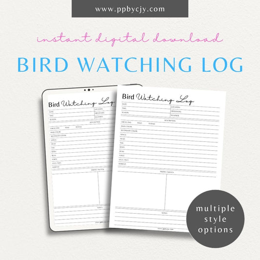 Bird Watching Log Printable Template – Digital Download for Recording and Tracking Bird Sightings