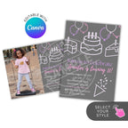 Birthday invitation card with cake and balloons design, featuring Canva logo.
