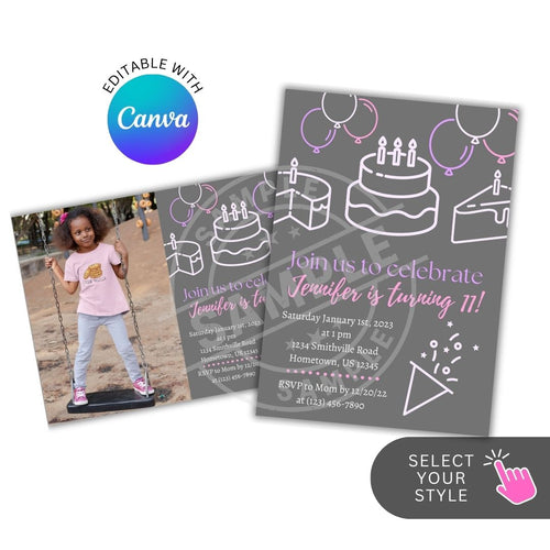 Birthday invitation card with cake and balloons design, featuring Canva logo.