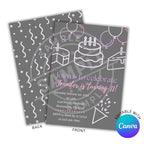 Birthday invitation card with cake and candles design on a gray background, featuring Canva branding.