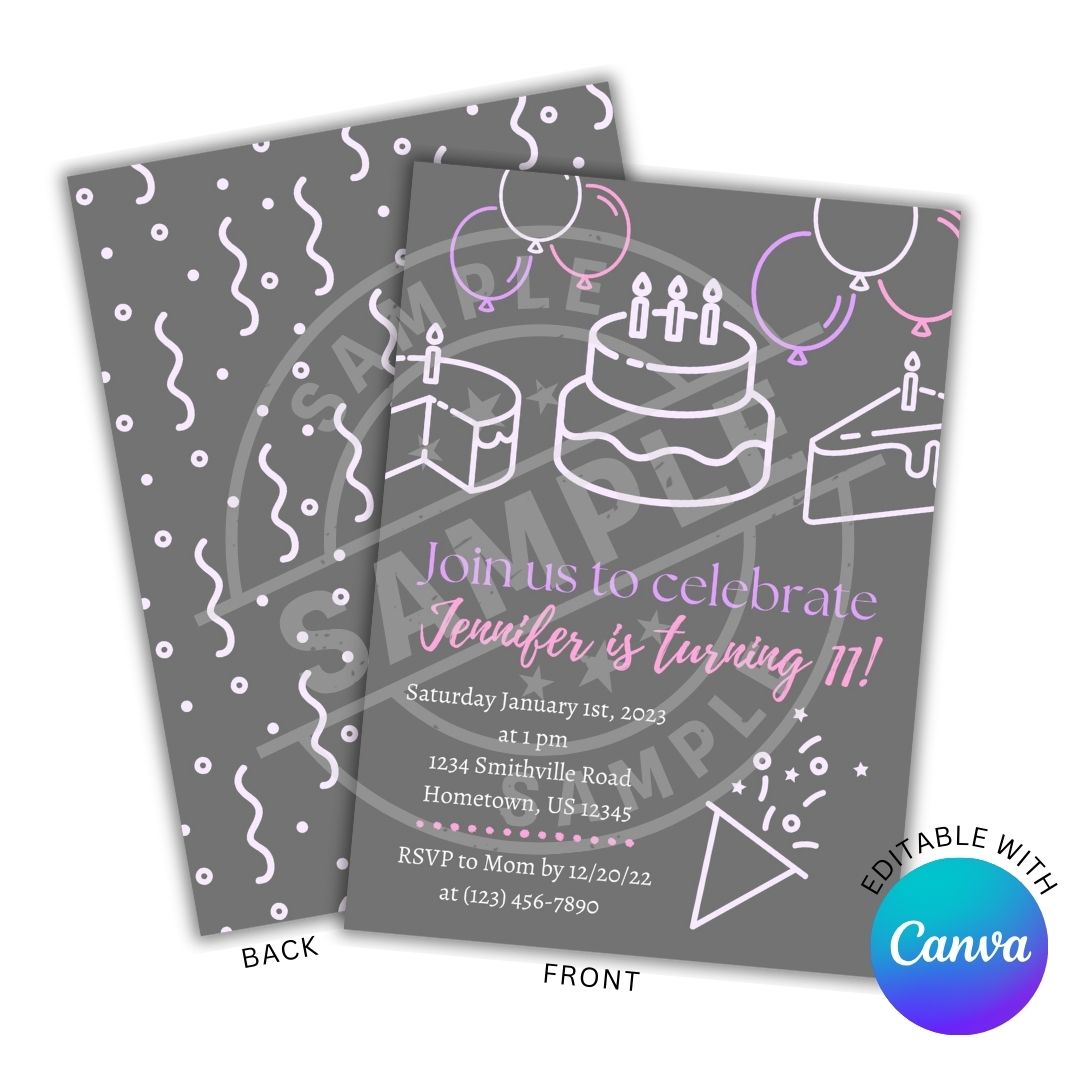 Birthday invitation card with cake and candles design on a gray background, featuring Canva branding.