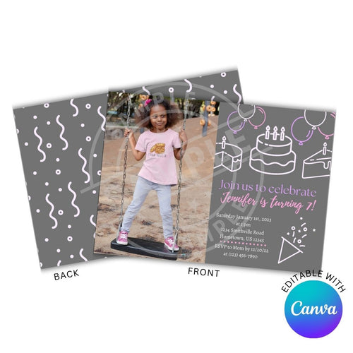 Birthday invitation card with a photo of a girl on a swing and celebratory design elements.