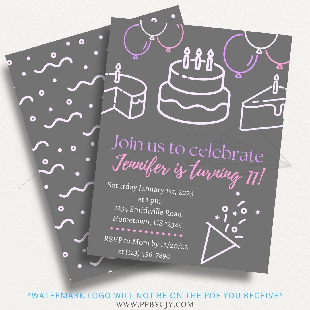 Birthday Cake Printable Party Invitation featuring a colorful cake design, perfect for kids' birthdays and sweet celebrations.