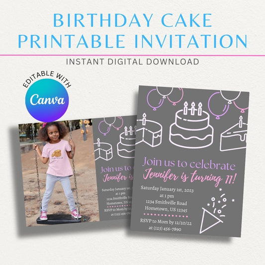 Birthday Cake Printable Party Invitation featuring a colorful cake design, perfect for kids' birthdays and sweet celebrations.