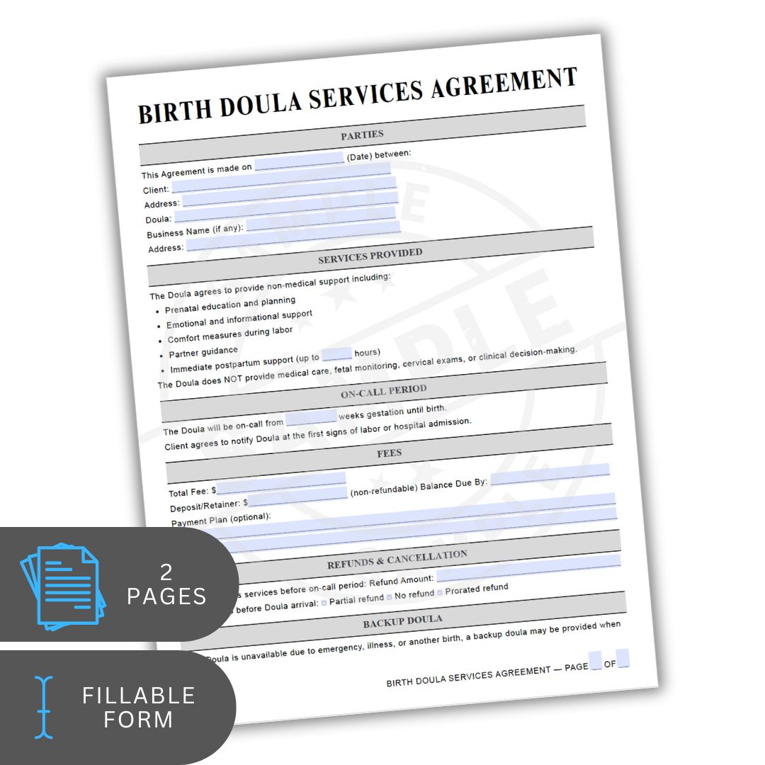 Birth Doula Services Agreement form with two pages and fillable fields on a white background.
