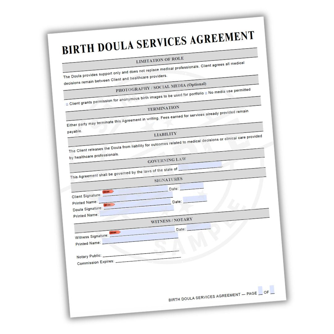 Birth Doula Services Agreement form on a white background