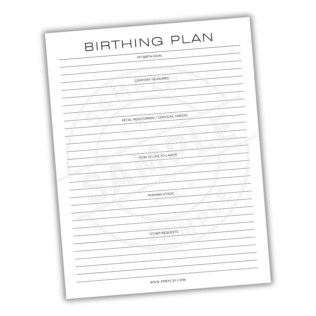 Sheet with 'Birthing Plan' text and checkboxes on a white background
