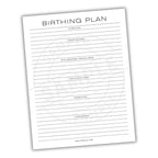 Sheet with 'Birthing Plan' text and checkboxes on a white background