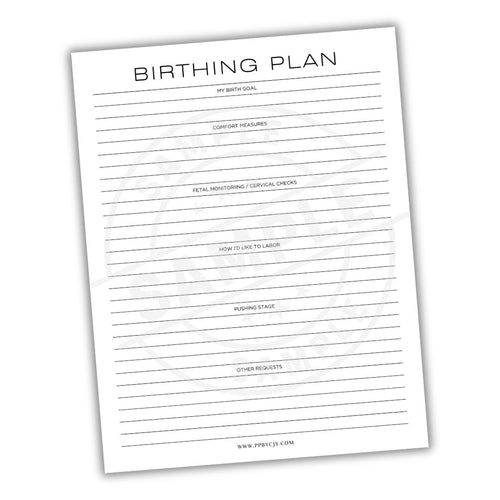 Sheet with 'Birthing Plan' text and checkboxes on a white background