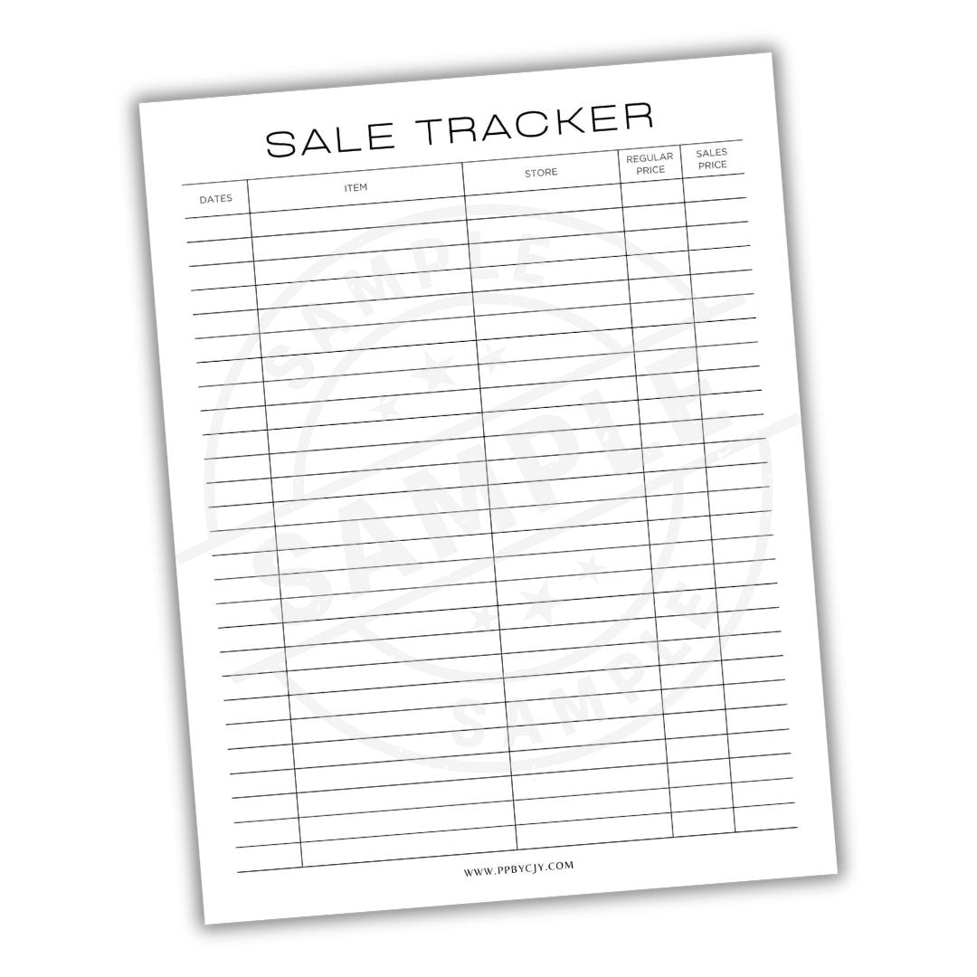 Sale tracker sheet with columns for dates, items, stores, regular price, and sales price on a white background.